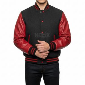 Blousons Bomber Varsity en Cuir Véritable Bleu Marine de Haute Qualité, Manches en Mélange de Laine, Fermeture à Boutons Pression, Respirants, Vente en Gros - Product Image 6