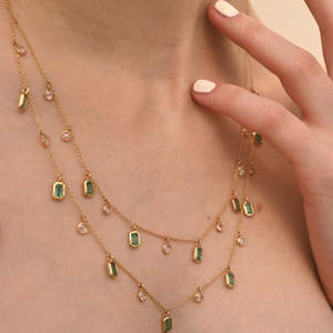18K White Gold Emerald and Diamond Double Chain Charm Necklace VVS1 Clarity Wedding - Product Image 6