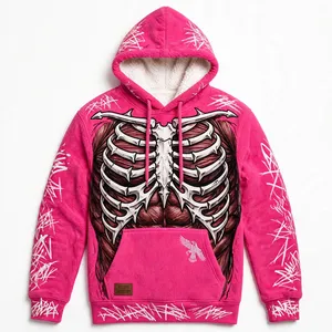 2026 New Custom Hot Pink Sherpa Lined <b>Skeleton</b> Ribcage Graphic Graffiti Print Polar Fleece <b>Hoodie</b> - Product Image 1