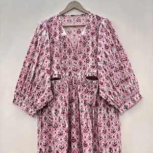 Túnica Floral con Estampado a Mano, Hecha a Mano, Ecológica, de Algodón, Cuello en V, Manga 3/4, con Volantes de Encaje, Lavable, Estilo Chinoiserie - Product Image 4