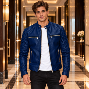 Blouson de motard en cuir bleu roi pour homme, coupe ajustée, fermeture éclair, col montant, épaules côtelées, style Café Racer, vêtement d'extérieur décontracté, vente en gros, personnalisable - Product Image 2