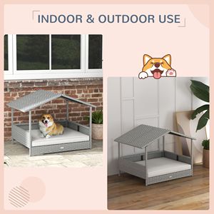 Casa para Perros de Mimbre para Exteriores con Toldo Resistente al Agua y Cojín, Cama de Ratán para Perros Pequeños y Medianos, Mueble Elevado para Mascotas - Product Image 3