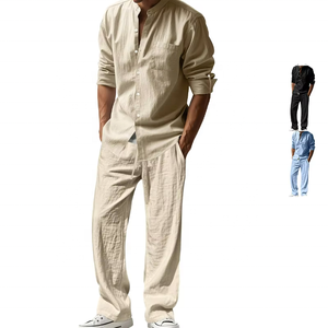 European and American Men's Autumn Breathable Loose Trendy <b>Linen</b> Solid Color Simple Lapel Long-Sleeve Shirt and Beach Pants <b>Set</b> - Product Image 6