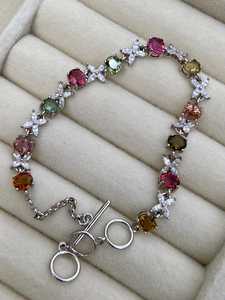 <b>Rainbow</b> Tourmaline <b>Bracelet</b> Natural Multicolor CZ Accents Sterling Silver Gold Plated October Birthstone Jewelry Gift For Her - Product Image 1