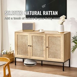 Mobiletto in Rattan con Ripiani Regolabili e 3 Ante Magnetiche, Credenza per Ingresso e Corridoio - Product Image 2