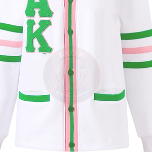 Cárdigan de punto blanco de la hermandad Alpha Sorority AKA con ribete verde y rosa, suéteres para mujer con cuello en V, manga larga, bordado griego con letras universitarias - Product Image 6
