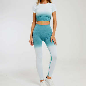 Ensemble de yoga pour femmes, dégradé de couleurs, haut court, leggings taille haute, longueur intégrale, sans couture, extensible dans quatre directions, spandex, polyester, ensemble 2 pièces - Product Image 2