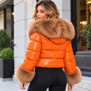 <b>Women</b>’s Orange Puffer Jacket with Fox Fur Collar and Cuffs Luxury Winter Quilted Coat Fashion <b>Outerwear</b> - Product Image 3