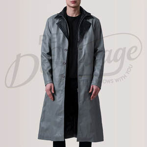 <b>Mens</b> Premium <b>Grey</b> Leather Trench Coat Long Winter <b>Overcoat</b> with Inner Zipper Layer Genuine Leather Double Collar Jacket - Product Image 1