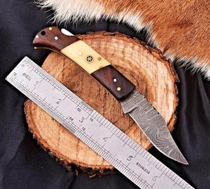 มีดพับเหล็กดามัสกัสเกรดอุตสาหกรรม Nordic Forge ด้ามไม้กระดูกและไม้พะยูง พร้อมปลอกมีด พกพาสะดวก EDC มีดล่าสัตว์ - Product Image 3