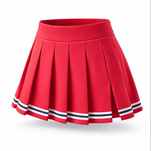 Women's Red Pleated <b>Mini</b> Skirt With Elastic Waist And Striped Hem All Seasons Wear - Product Image 1