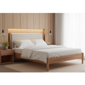 Cama de Madera de Mediados de Siglo con Cabecera Tapizada, Tamaño King, Diseño Moderno y Lujoso, Color Natural, para Uso en Hogar y Hoteles - Product Image 5