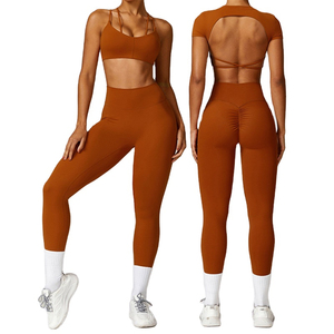 Women High Waisted Yoga Set Seamless Scrunch Butt Leggings With <b>Open</b> Back Short Sleeve Crop Top Fitness Gym Workout Sportswear - Product Image 1