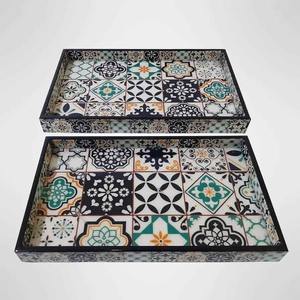 ชุดถาดเสิร์ฟขนาดใหญ่แบบซ้อนกัน ถาดไม้ MDF ลายเคลือบตกแต่ง รูปทรงสี่เหลี่ยมผืนผ้า สไตล์อเมริกัน สำหรับจัดเลี้ยงอาหารเช้า - Product Image 3