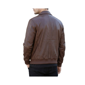 แจ็คเก็ตบอมเบอร์หนังสีน้ำตาลโบราณสำหรับผู้ชายพร้อมปกแหลม - Product Image 1