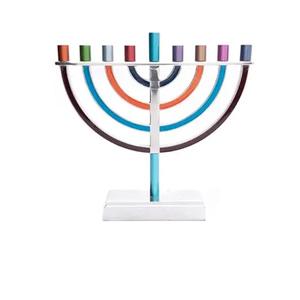 Menorah Artística Floral de Hanukkah con Diseño de Trompeta y Flores, Esmaltada y Pintada en Azul y Dorado, Compatible con Velas Estándar de Hanukkah - Product Image 3