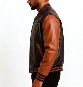 Veste en cuir véritable pour homme, manches marron, corps noir, style universitaire classique, col rabattu, vêtements d'extérieur décontractés, vêtements d'automne - Product Image 4