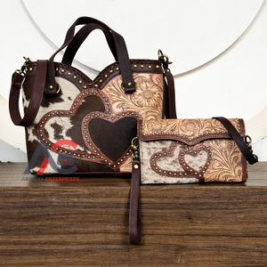 Sac fourre-tout en cuir de vachette de style occidental de haute qualité, fait main, avec pochette assortie, ensemble deux pièces - Product Image 1