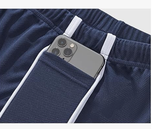 Shorts de sport décontractés pour hommes, bleu marine, en mesh, avec bande latérale blanche, taille à cordon de serrage, séchage rapide, pour entraînement et fitness. - Product Image 6