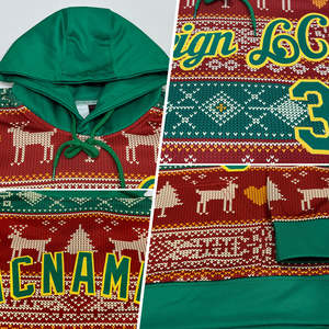 Custom Christmas Print Hooded Fleece Sweatshirt Unisex Red Green Knitted Polyester Breathable Front Pocket Team Name Number - Product Image 3