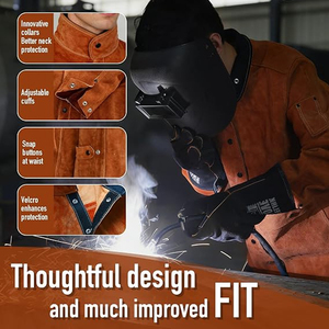 Heavy Duty Split Leather Welding Work <b>Coat</b> Long Sleeve <b>Stand</b> Collar Front Button Welder Jacket Industrial Workshop Apparel - Product Image 5
