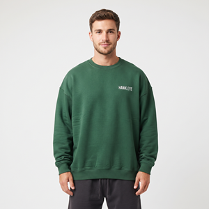 Sweat-shirt à col rond en coton doux pour homme, couleur verte unie, coupe ample décontractée, manches longues - Product Image 5