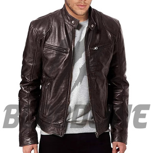 Men's Genuine <b>Leather</b> Moto Biker <b>Jacket</b> Stand Collar Zipper Closure Slim Fit Autumn Wear Solid Color Regular Sleeve - Product Image 1