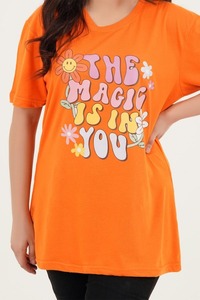 T-shirt décontracté d'été pour femme, col en V, manches courtes, coupe ample, imprimé floral et lettres, 100 % coton respirant, couleur orange - Product Image 5