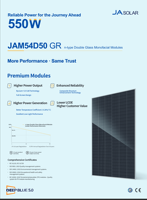 Panneau solaire monocristallin noir bifacial JASOLAR 525-550W DeepBlue N-Type Bycium+ double vitrage, rendement 23,7 %, garantie 15 ans