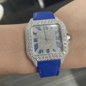 Luxury Blue Leather Strap Automatic Mechanical Sports <b>Watch</b> Half Iced Fully Hand <b>Set</b> VVS Moissanite Diamonds Stainless Analog - Product Image 1
