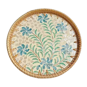 Plateau de service rond en rotin naturel fait main avec incrustation de nacre, motif floral tissé, plateau décoratif en nacre - Product Image 1