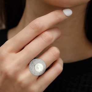 Pearl and Diamond <b>Dome</b> <b>Ring</b> Round White Center Stone Halo Fine Jewelry for Wedding Anniversary Gift - Product Image 4