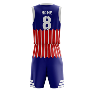 Ensemble d'uniformes de basketball personnalisés pour hommes, bleu, rouge et blanc, maillot sans manches à col en V, short à rayures, nom et numéro de l'équipe, kits en gros - Product Image 3