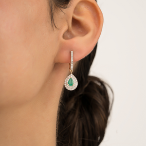 High End Custom Design 14K Pure Yellow Gold Emerald & Diamond Letch <b>Back</b> Double Cluster Hoop Drop <b>Earrings</b> Wedding Jewelry - Product Image 4