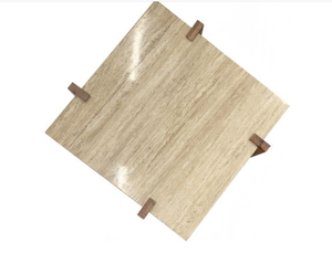 Mesa de Centro de Travertino Rectangular con Tapa de Piedra y Pedestal de Madera para Sala de Estar - Product Image 5