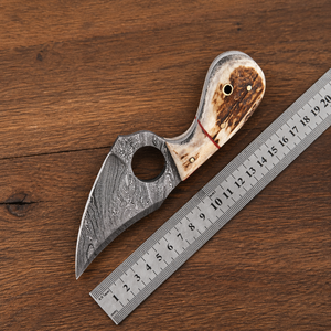 Couteau de camping miniature SAZ ENTERPRISES en acier Damas de qualité industrielle, fait main, avec lame, manche en corne et étui en cuir - Product Image 2