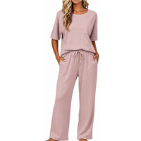Ensemble pantalon deux pièces pour femmes, manches courtes, patchwork, vêtements de nuit, tenue décontractée, printemps été