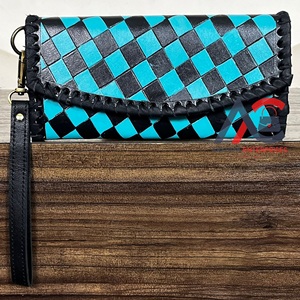 Personalized Tooled Genuine Leather <b>Wristlet</b> Wallet for Women Checkered Pattern Large Capacity Clutch Credit Card Holder Wallets - Product Image 1