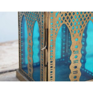 <b>Brass</b> Rectangular <b>Lantern</b> with Blue Glass Panels and Intricate Cutouts for Home Decoration Durable Finish - Product Image 5