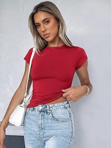 T-shirt court à col rond rouge pour femme, coupe ajustée, couleur unie, décontracté, en jersey, respirant, en coton, pour le printemps et l'été - Product Image 2