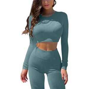 Ensemble de fitness uni pour femmes, haut court en tricot sans couture avec short taille haute, vêtements de sport OEM - Product Image 2