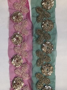 Exquisito Borde de Saree Floral Decorado a Mano, Ecológico, con Perlas y Bordado de Precisión de Lujo, 100% Premium - Product Image 2