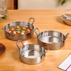 Ensemble de 3 plats de service ronds en acier inoxydable, 480 ml, 700 ml, 1000 ml, bols de service en acier à base plate martelée avec deux poignées, finition brillante - Product Image 2
