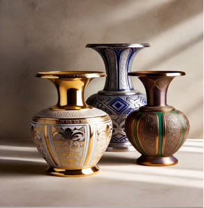 Vases en métal embossés exquis avec des motifs complexes bleus et dorés pour des décors royaux. Disponible à prix de gros. - Product Image 1