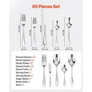 Set di posate da 65 pezzi in acciaio inossidabile per alimenti, utensili con finitura a specchio, lavabili in lavastoviglie, per la tavola - Product Image 2