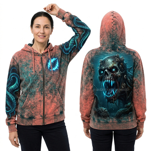 Sweat à capuche zippé personnalisé bleu foncé délavé pour femme, motif sirène vintage, scène sous-marine vieillie, streetwear, fabricant - Product Image 2