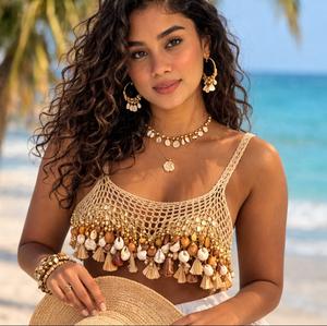 Top Corto de Ganchillo Bohemio Hecho a Mano OEM/ODM, Ecológico, con Adornos de Conchas y Borlas, para Mujer - Product Image 3