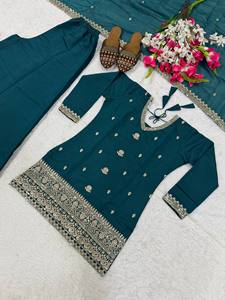 New Solid Designer Party Wear Heavy Roman Silk 3mm Sequence Embroidery Work <b>Top</b> & Plazzo Dupatta Fancy Style - Product Image 5