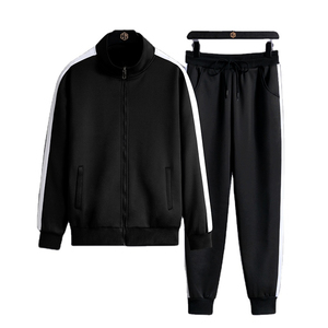 Ensemble de survêtement unisexe noir à fermeture éclair intégrale, col montant, poches latérales, polyester respirant, tenue décontractée d'automne - Product Image 1