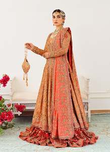 Orange Red Modern Embroidered Appliques Bridal <b>Lehenga</b> Choli Wedding Dress Long Sleeve Floor Length Chiffon A-Line Sweep Train - Product Image 4